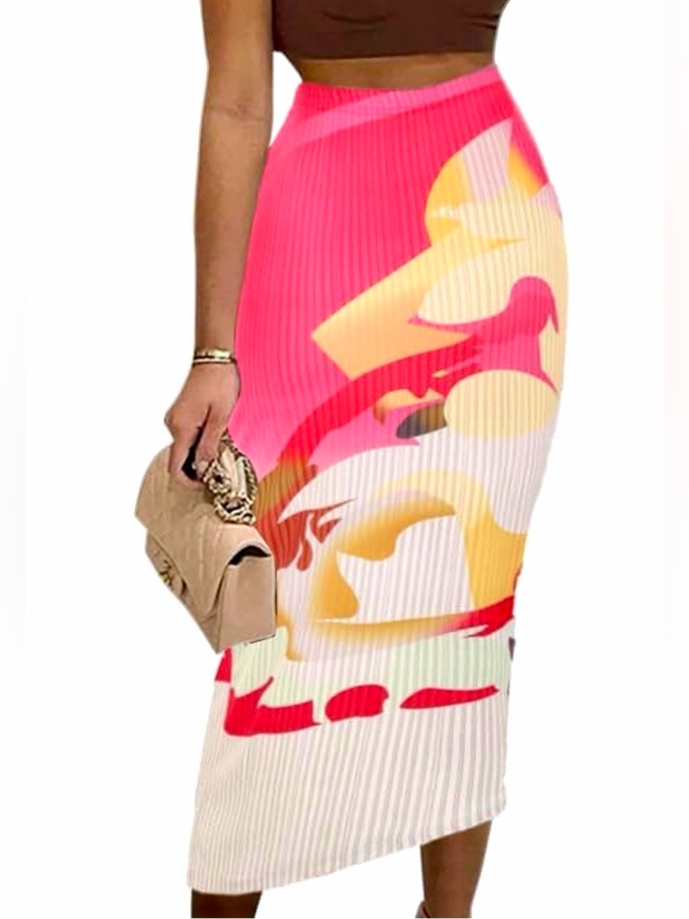 Vibrant Pink & White Abstract Floral high waisted pencil Maxi Skirt